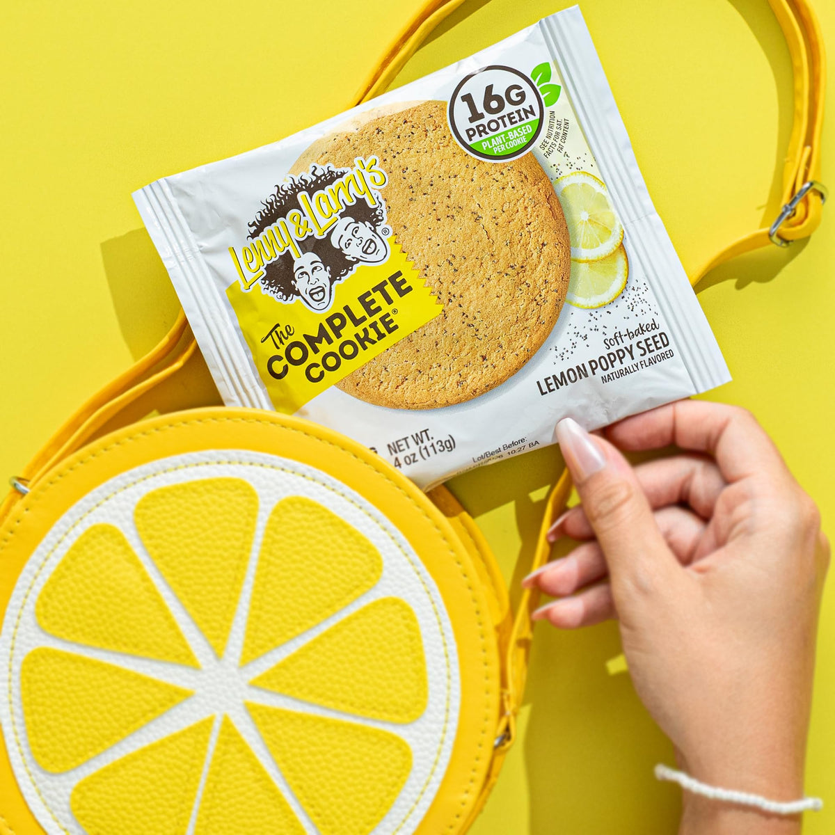 Lenny & Larry's Lemon Poppy Seed cookie packaging with 4 oz cookies.