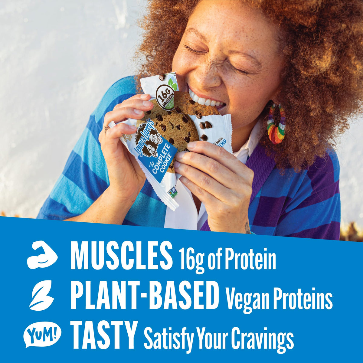 Lenny & Larry's vegan protein cookie highlights 16g protein and 10g fiber per serving.
