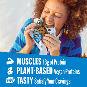 Lenny & Larry's vegan protein cookie highlights 16g protein and 10g fiber per serving.