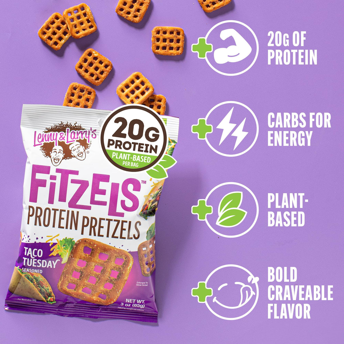 Lenny & Larry's plant-based protein 20g per bag highlights a convenient fueling option.