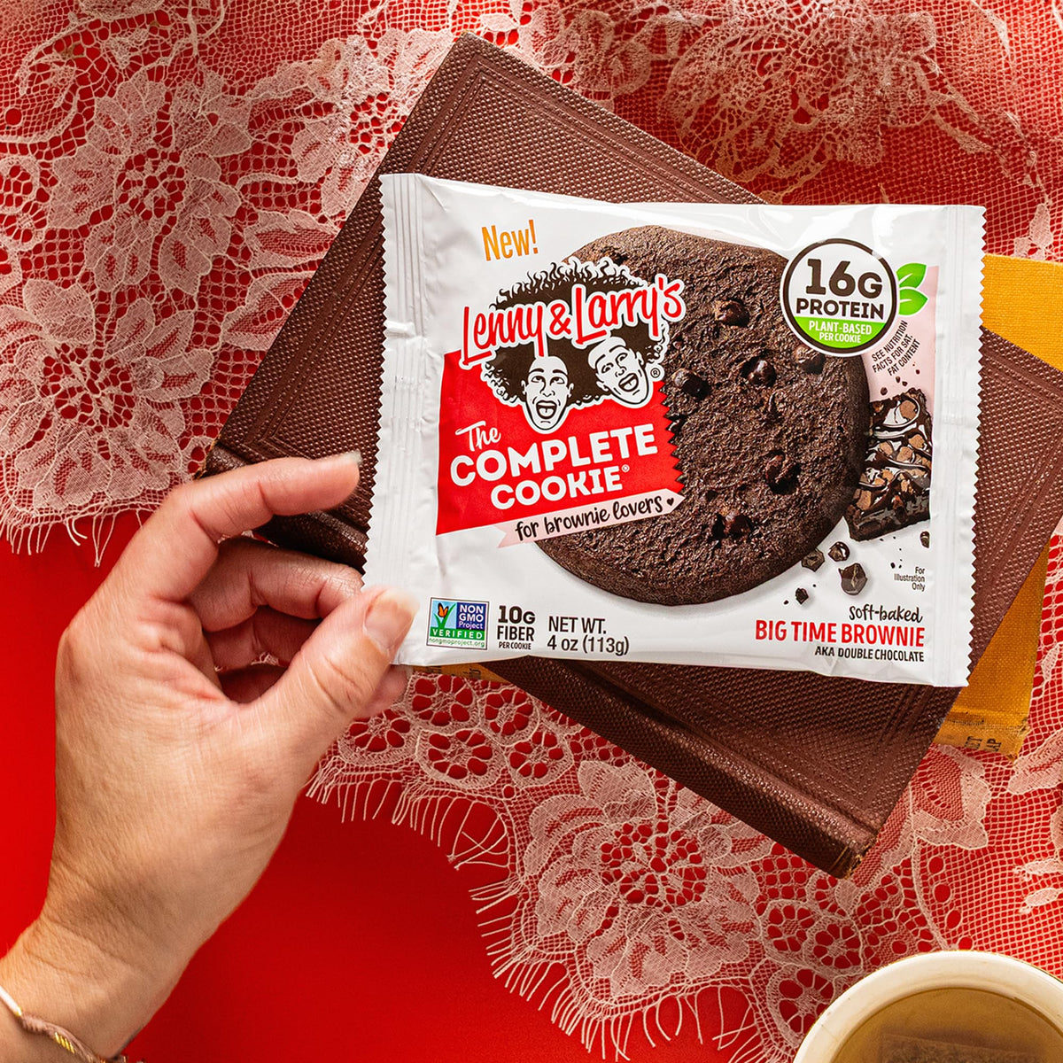 Lenny & Larry's Big Time Brownie fiber content and vegan ingredients highlighted