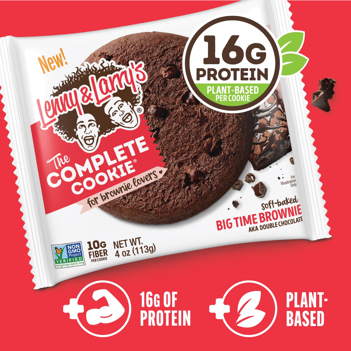Lenny & Larry's Big Time Brownie nutrition panel highlighting protein and fiber