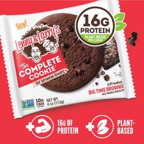 Lenny & Larry's Big Time Brownie nutrition panel highlighting protein and fiber