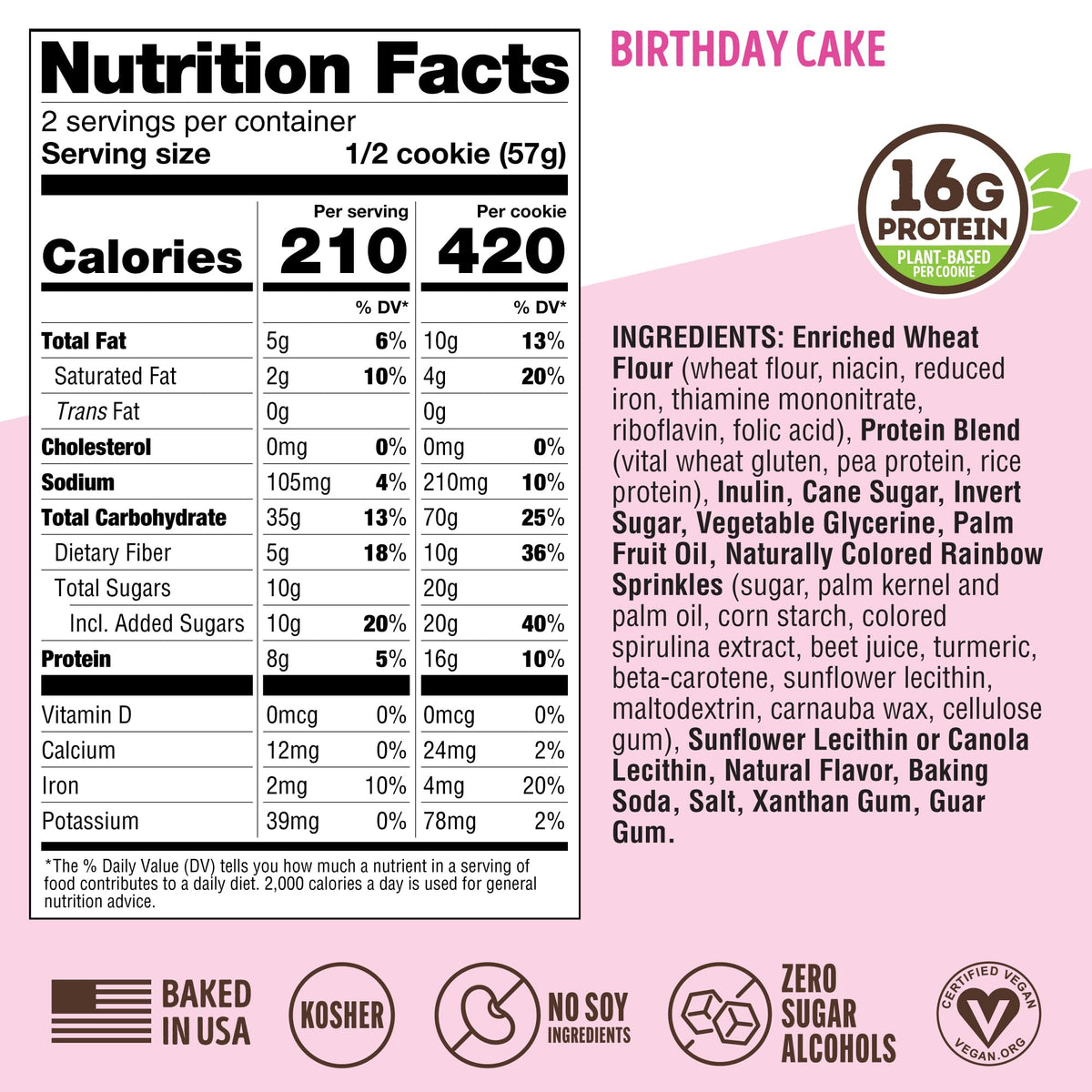 Ingredient label highlights plant-based protein and fiber.