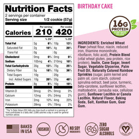 Ingredient label highlights plant-based protein and fiber.