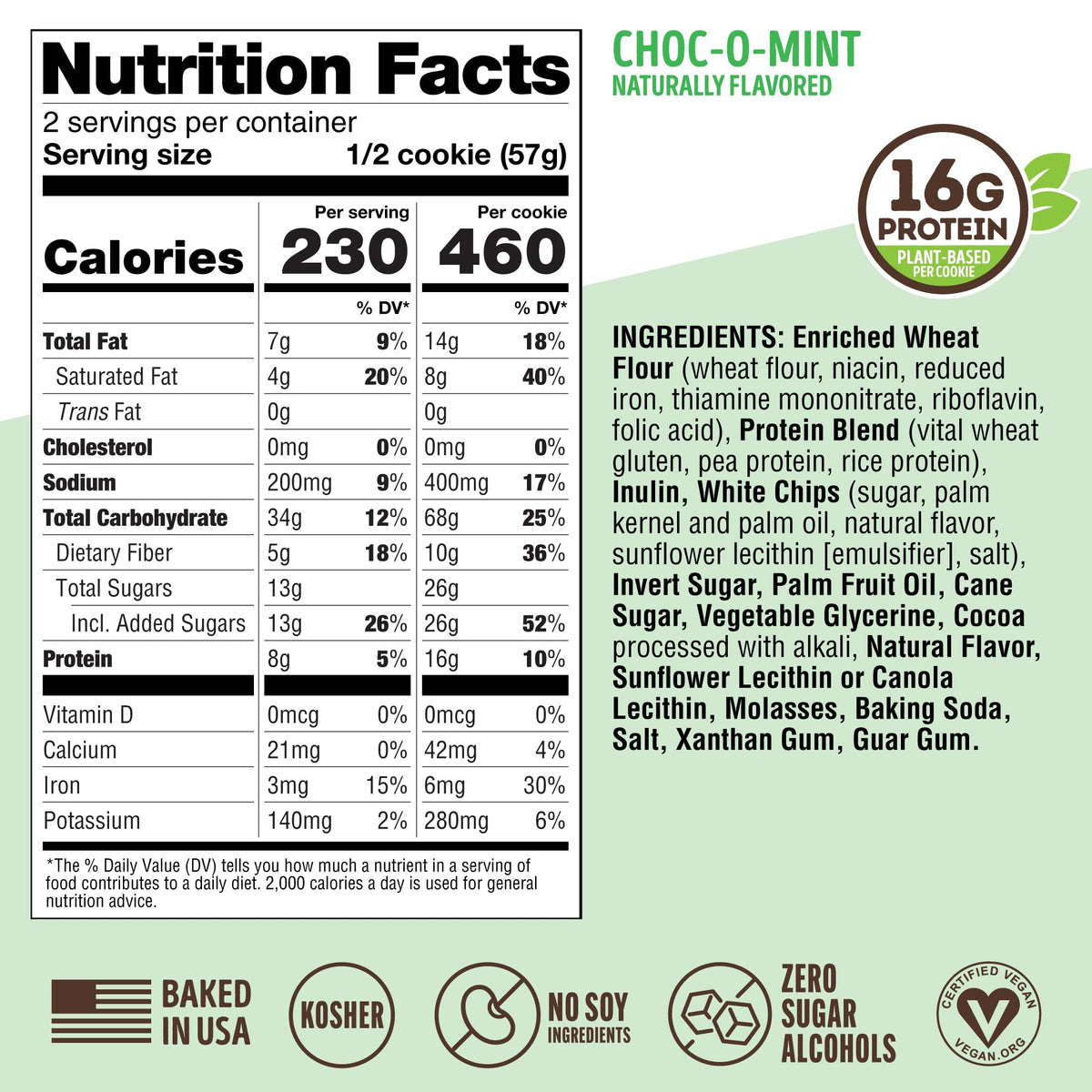 Lenny & Larry's Choc-O-Mint cookie nutrition panel, 16g protein
