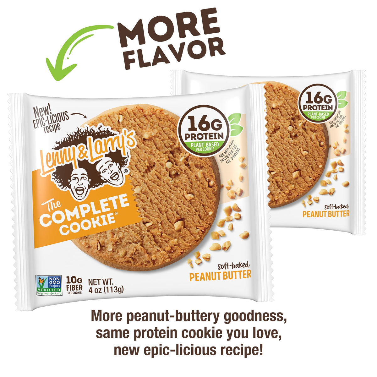 Close-up of chewy Lenny & Larry's Peanut Butter cookies and plant protein