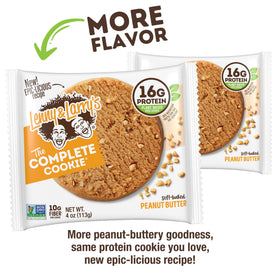Close-up of chewy Lenny & Larry's Peanut Butter cookies and plant protein