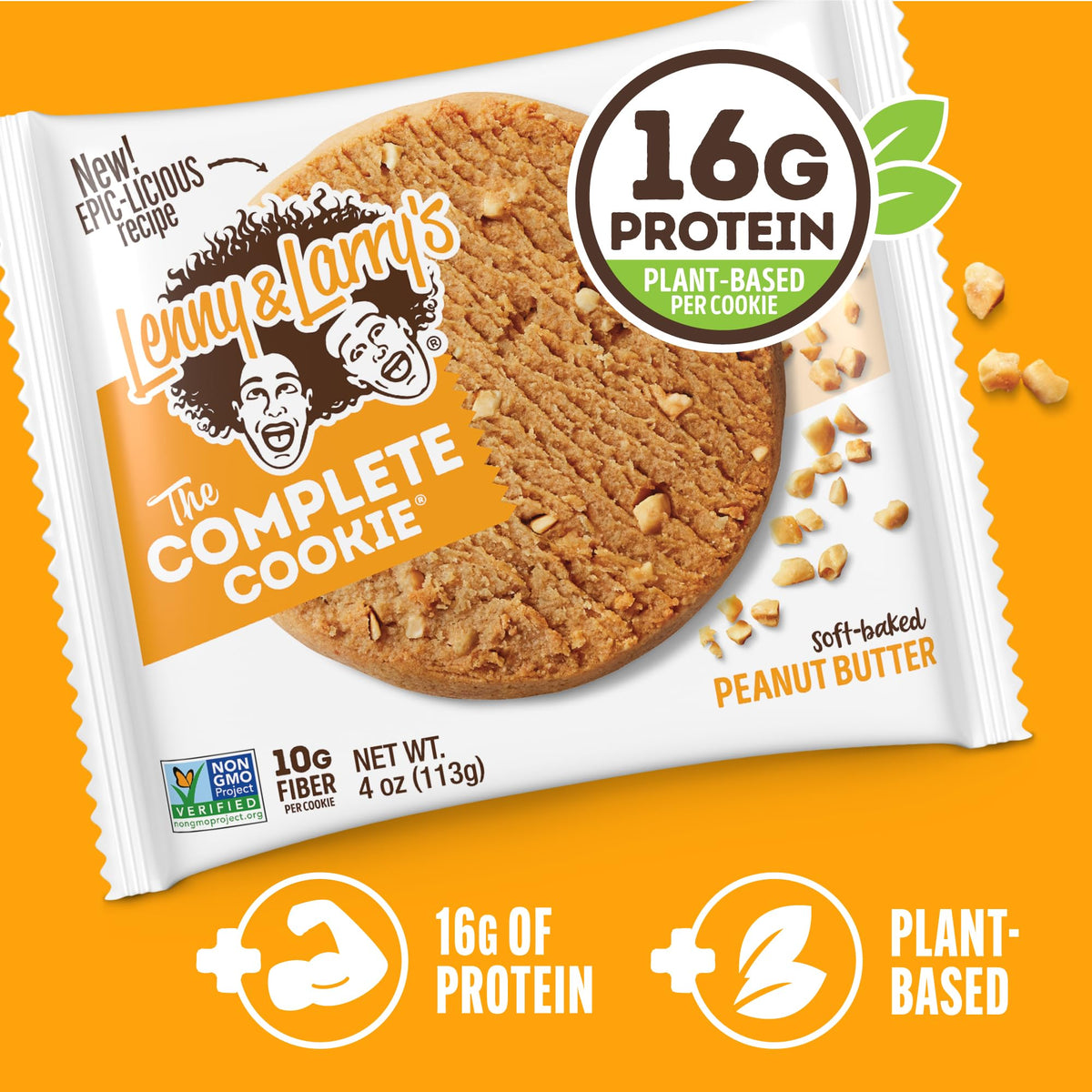 Nutrition facts panel for Lenny & Larry's Peanut Butter cookie, 16g protein