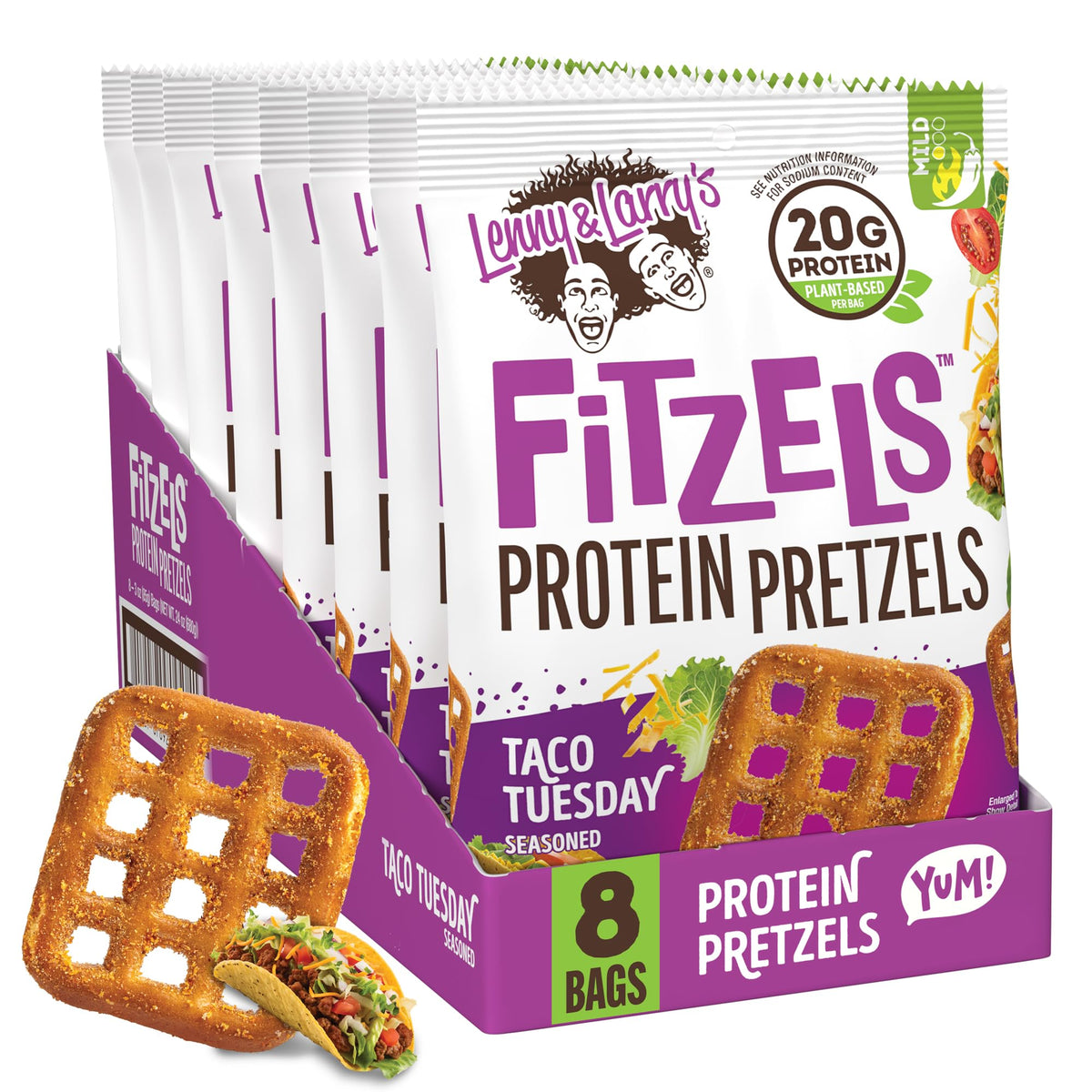 Lenny & Larry's Protein Pretzel Taco Tuesday bag showing a savory, high-protein on-the-go snack.