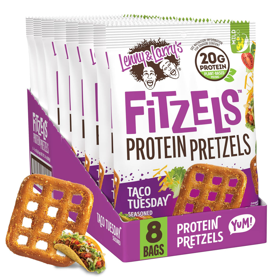 Lenny & Larry's Protein Pretzel Taco Tuesday bag showing a savory, high-protein on-the-go snack.