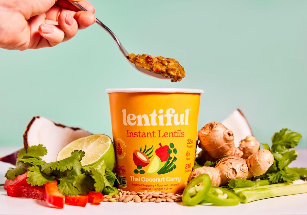 Lentiful Instant Lentil Cups packaging and cups—shelf-stable lunch solution for travel.