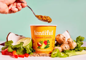 Lentiful Instant Lentil Cups packaging and cups—shelf-stable lunch solution for travel.