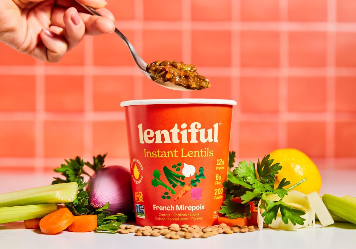 Lentiful Instant Lentil Cups on desk—protein-rich, quick office meal.