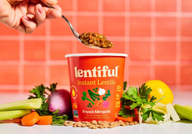 Lentiful Instant Lentil Cups on desk—protein-rich, quick office meal.