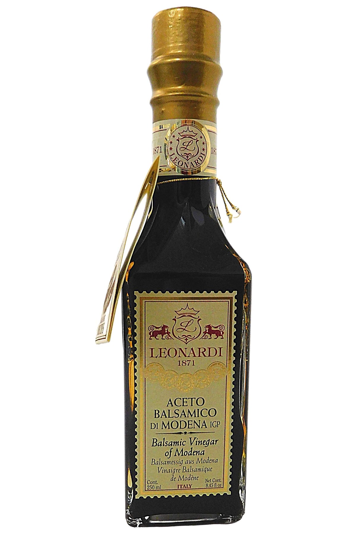 Leonardi Gold Seal balsamic bottle ready for finishing drizzles on salads