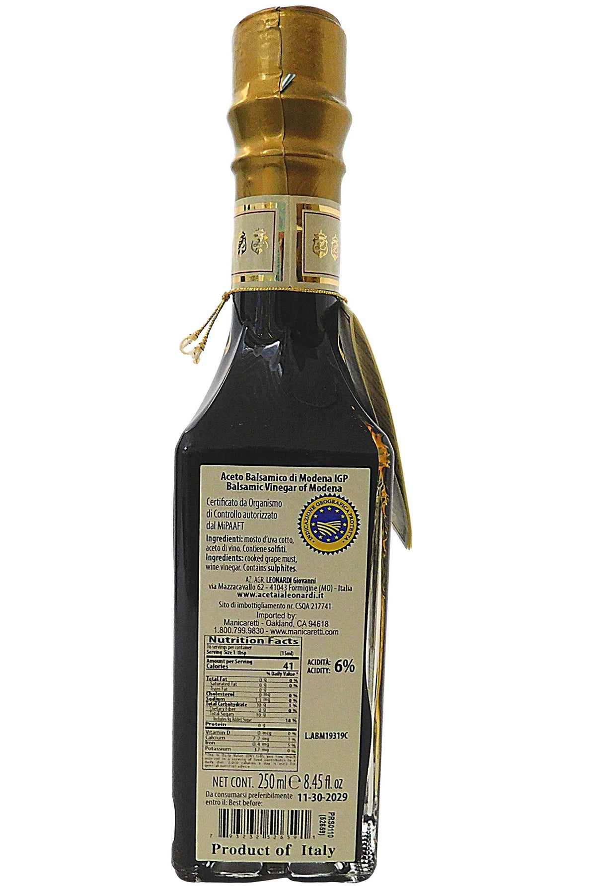Leonardi Gold Seal label close-up confirms authentic Italian balsamic