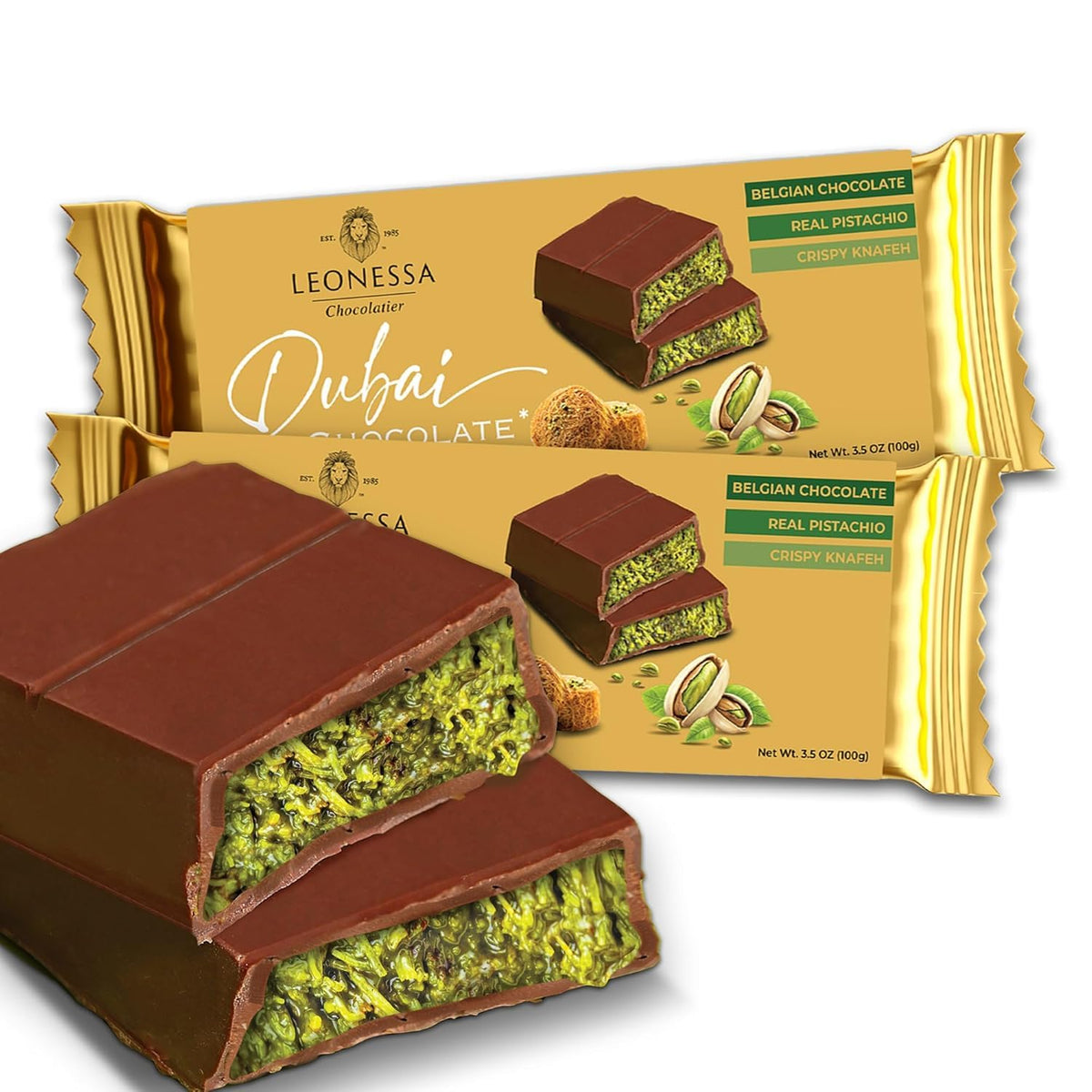 Leonessa Dubai Pistachio Bar pack close-up highlights premium pistachios for rich indulgence.