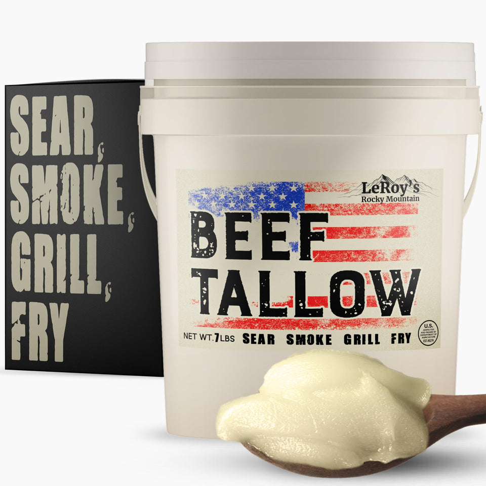 LeRoy's Rocky Mountain beef tallow 7lb tub front view for high-heat cooking.