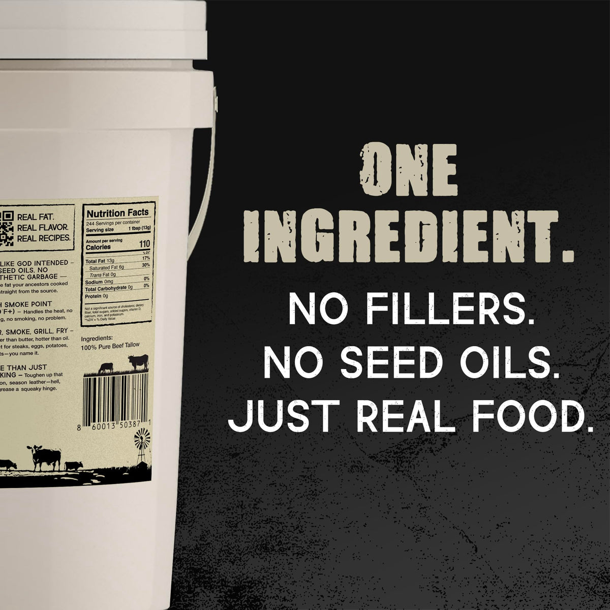 LeRoy's Rocky Mountain beef tallow 7lb tub open lid showcasing pure rendered fat.