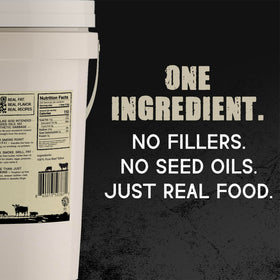 LeRoy's Rocky Mountain beef tallow 7lb tub open lid showcasing pure rendered fat.