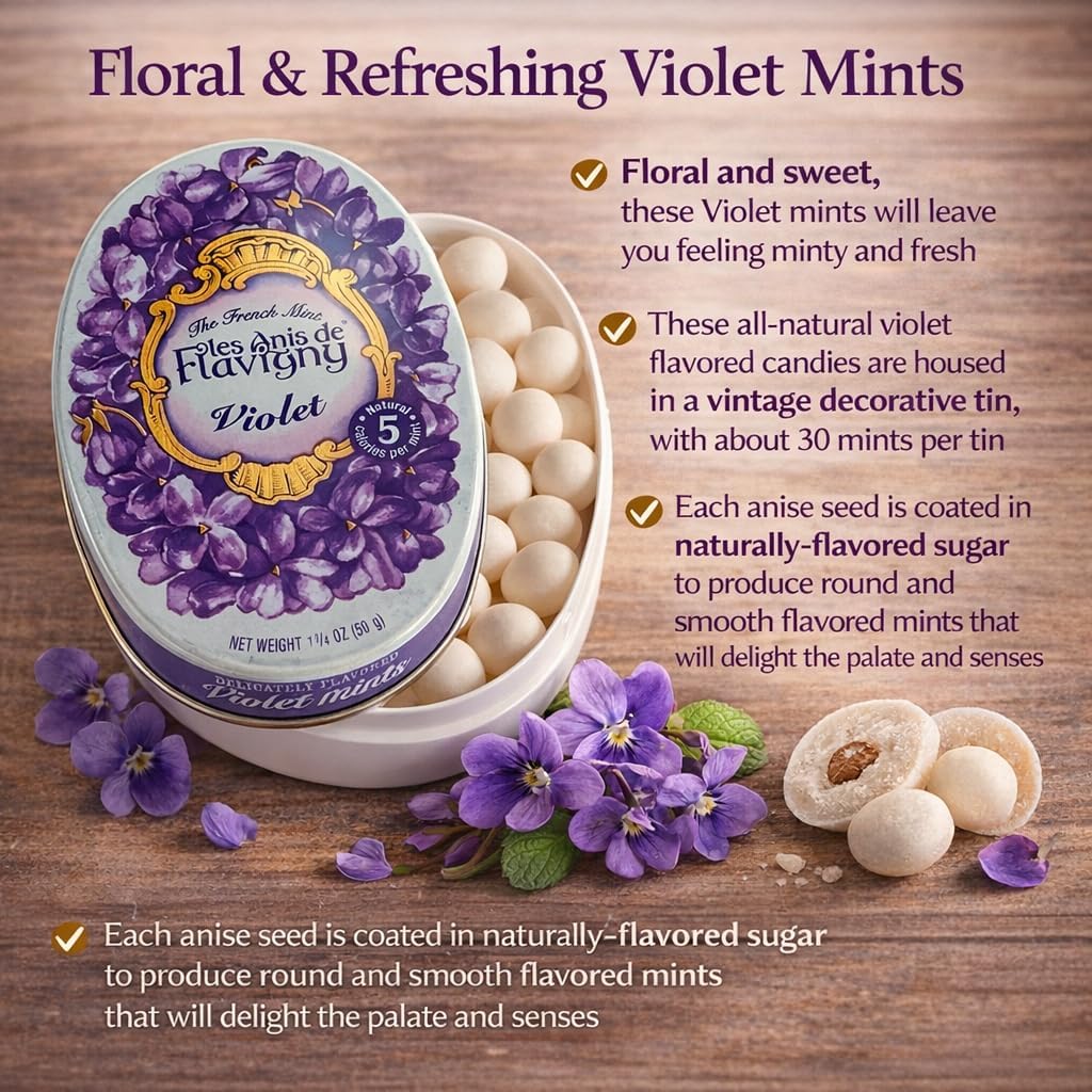 Les Anis de Flavigny violet candy close-up, green anise seed core ideal for snacking.