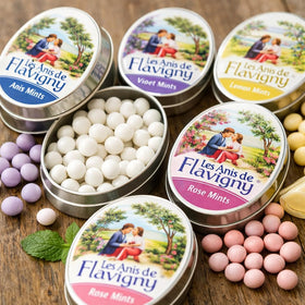 Les Anis de Flavigny violet candy tin packaging, decorative vintage design ideal for gifting.