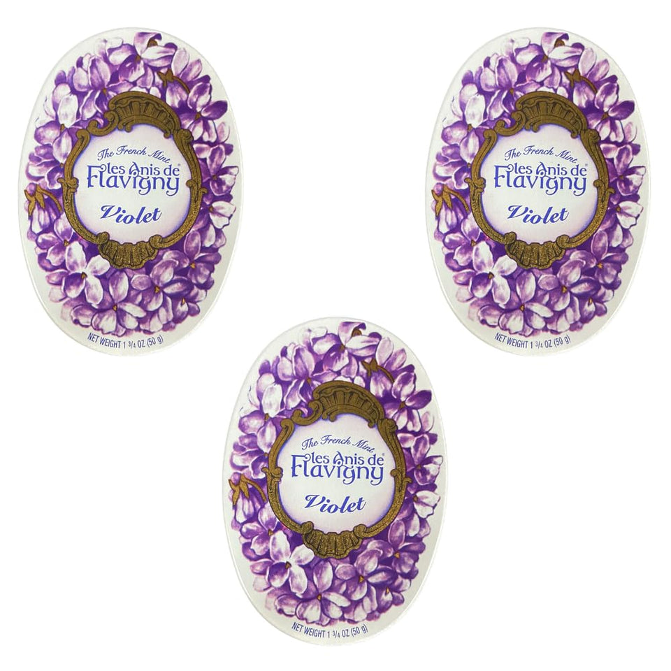 Les Anis de Flavigny violet candy tin front view, nostalgic French gift option.