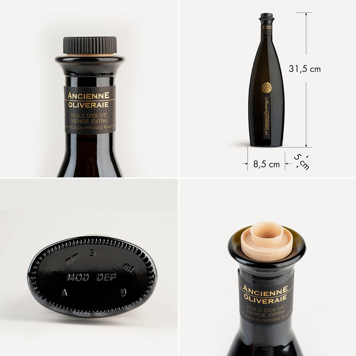 Glass bottle on kitchen shelf, elegant packaging and premium oil