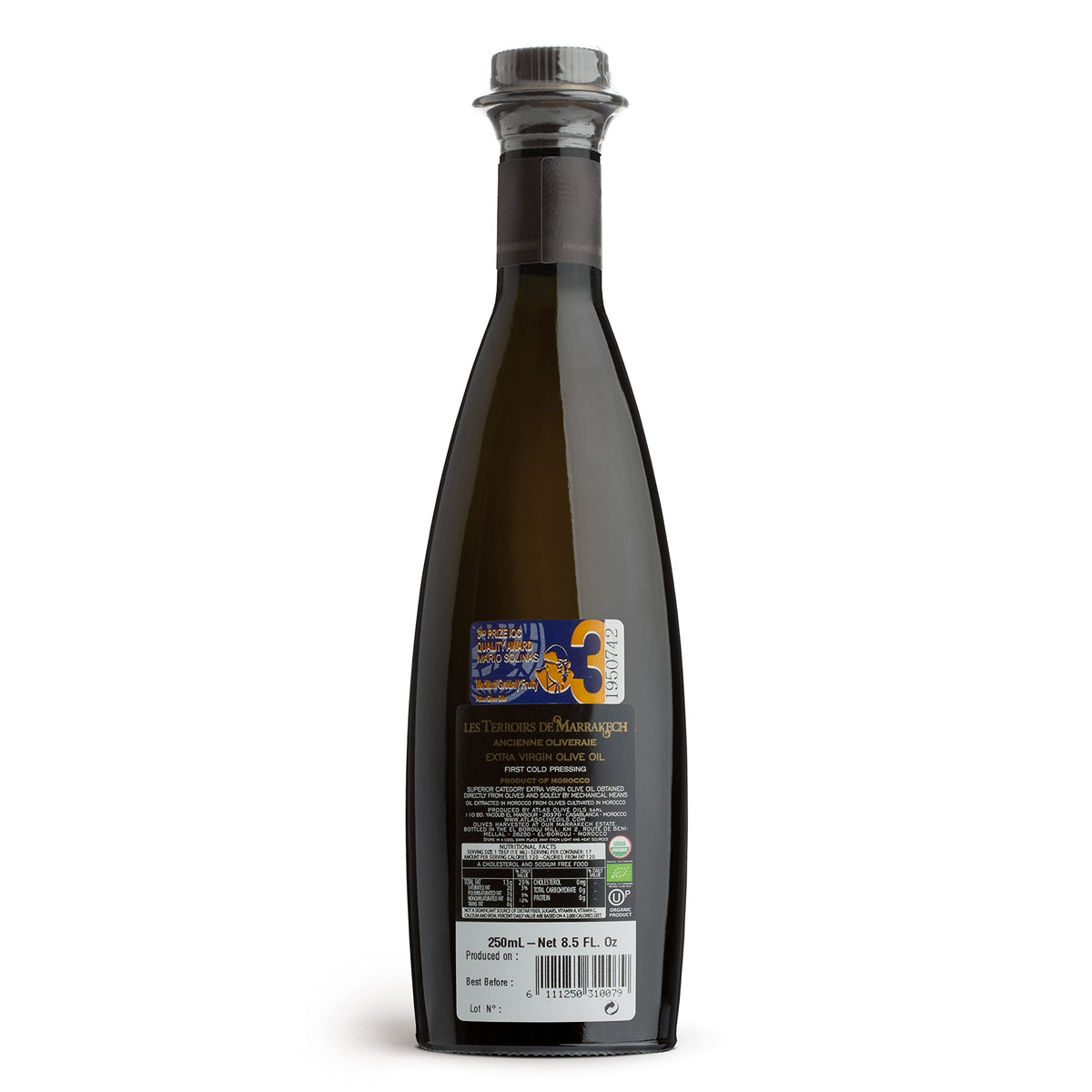 Les Terroirs De Marrakech glass bottle showcases vibrant Moroccan EVOO color.