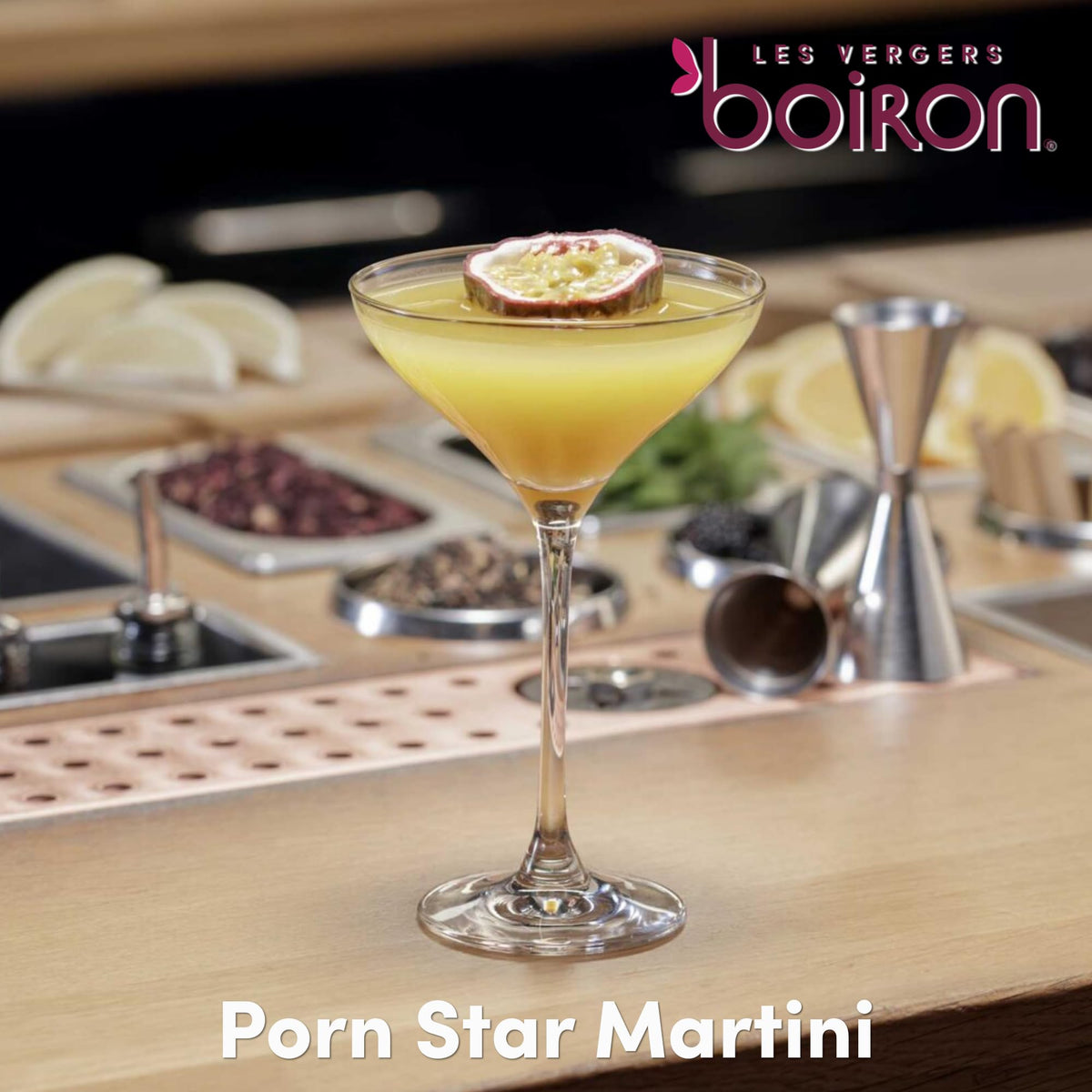 Les Vergers Boiron Passion Fruit Puree Drink Mix garnish for beverages.