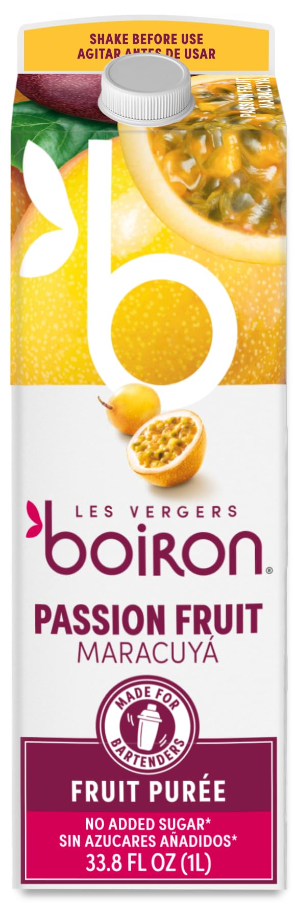 Les Vergers Boiron Passion Fruit Puree Drink Mix bottle pour for cocktails and mocktails.