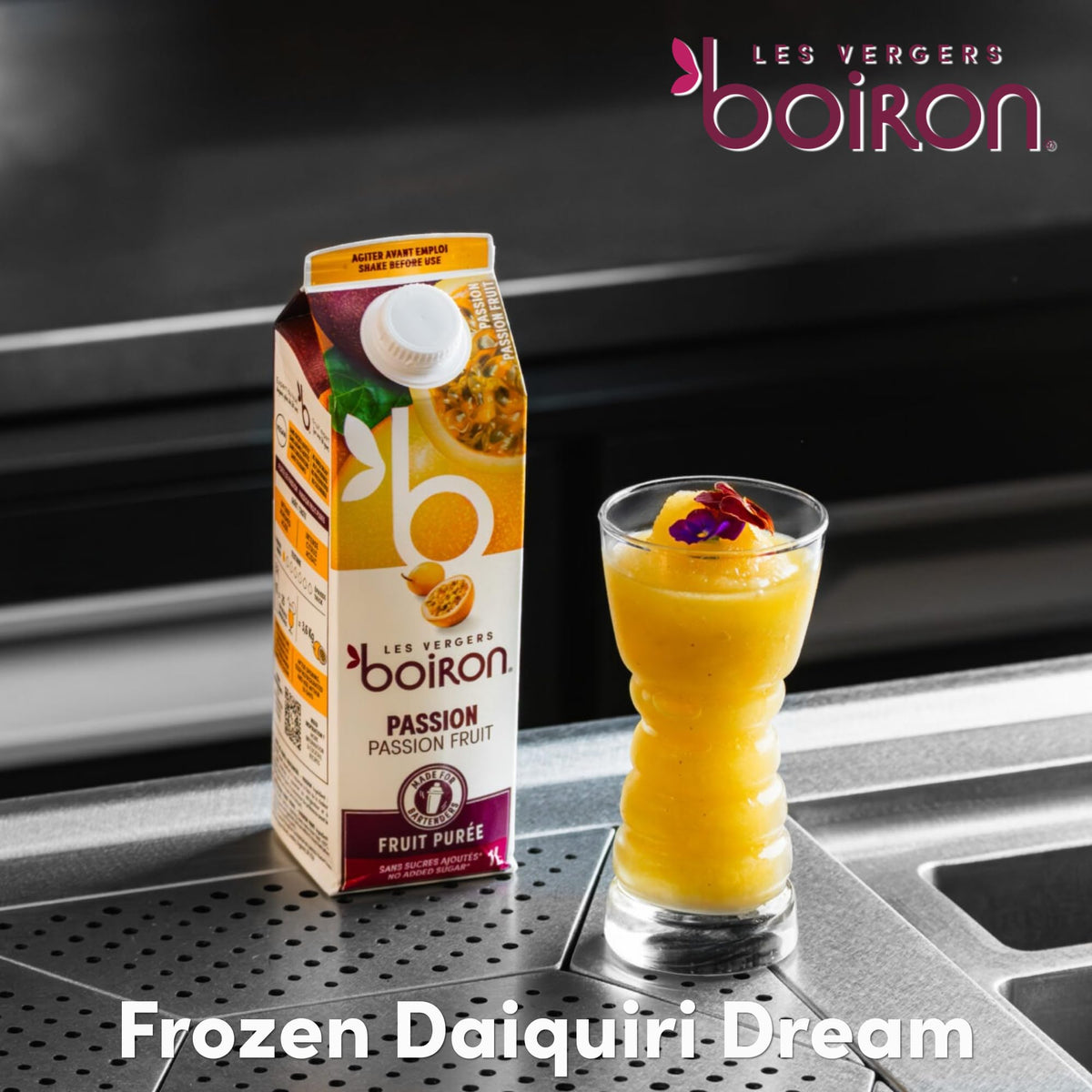 Les Vergers Boiron Passion Fruit Puree Drink Mix tropical aroma in a glass.