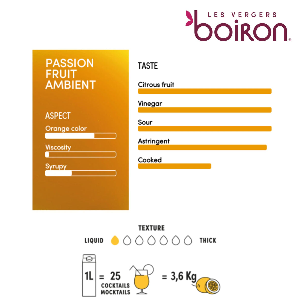 Les Vergers Boiron Passion Fruit Puree Drink Mix ready-to-use pour over beverages.
