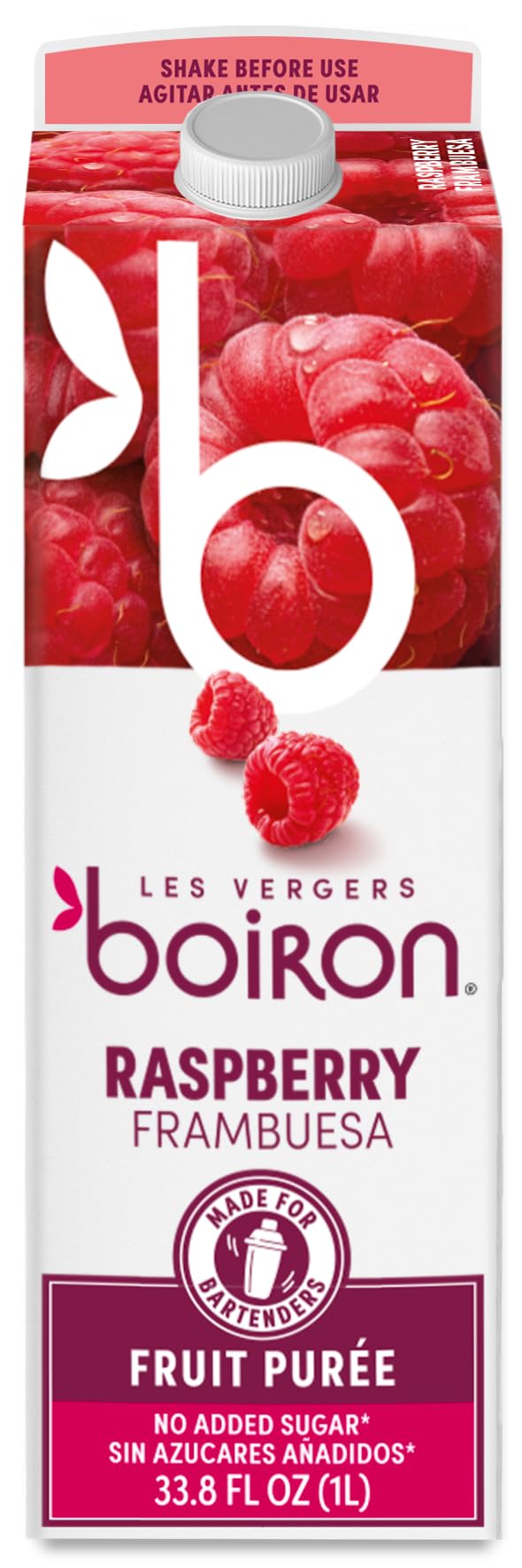 Les Vergers Boiron Raspberry Puree Bottle Pour: authentic fruit intensity for cocktails.