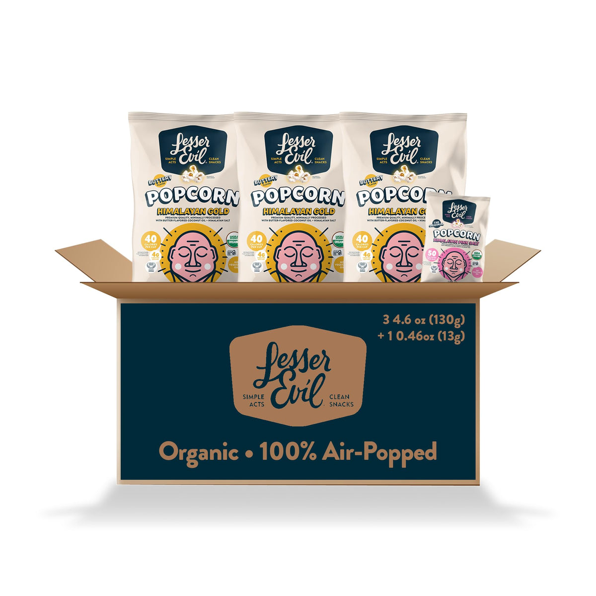 LesserEvil Himalayan Gold popcorn bags, premium organic snack for movie night.