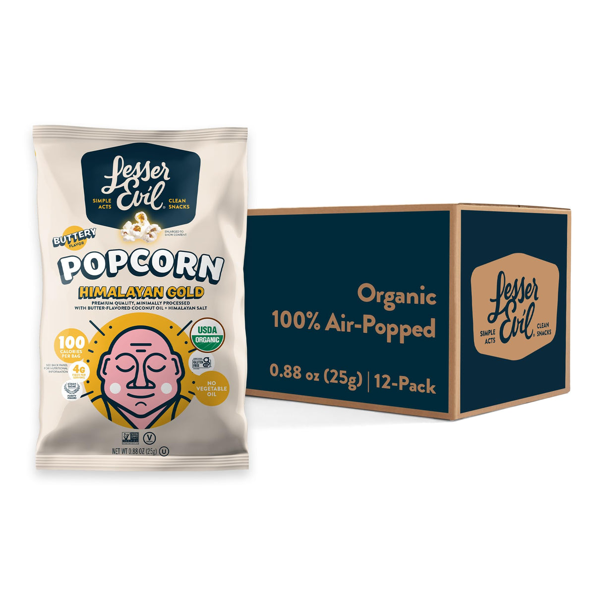 Lesserevil Himalayan Gold Salt Popcorn 12-pack, ready-to-snack with clean ingredients.