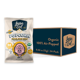 Lesserevil Himalayan Gold Salt popcorn packaging highlights organic, minimally processed snacking.