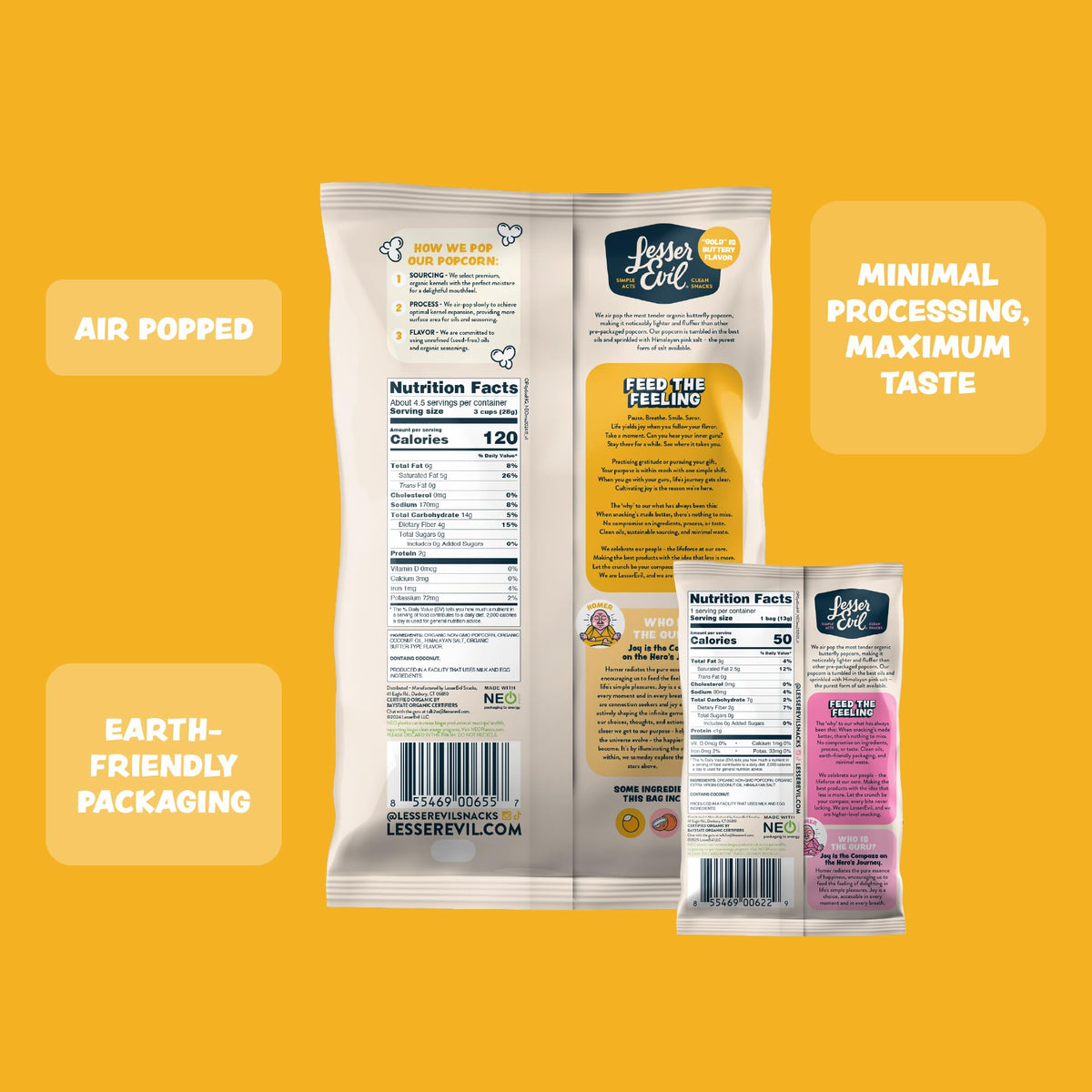 LesserEvil Himalayan Pink Salt popcorn mini bag adds savory contrast for a quick bite.