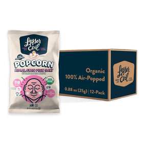 Lesserevil Himalayan Pink Salt Popcorn packaging showing 24-pack convenience for lunches.