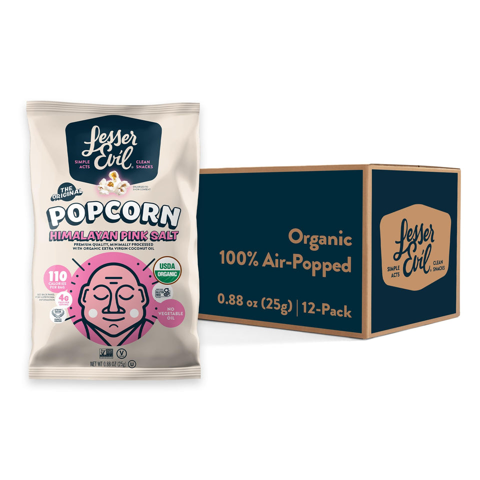 Lesserevil Himalayan Pink Salt Popcorn packaging showing 24-pack convenience for lunches.