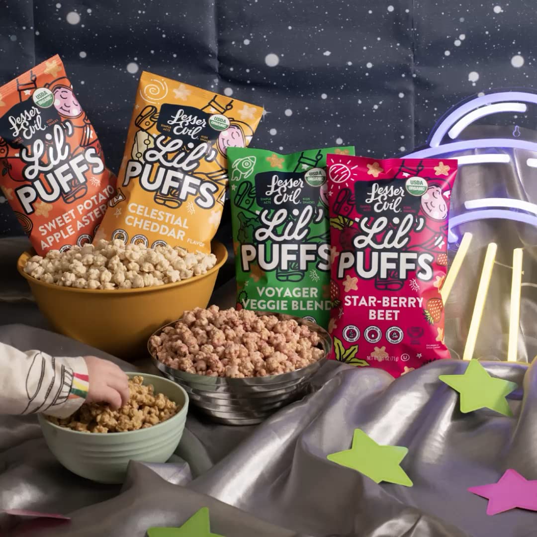 Lesserevil Sweet Potato Apple Lil’ Puffs 5-pack packaging display, convenient multi-pack.