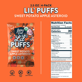 Lesserevil Lil’ Puffs bag back view showing organic ingredients and serving details.