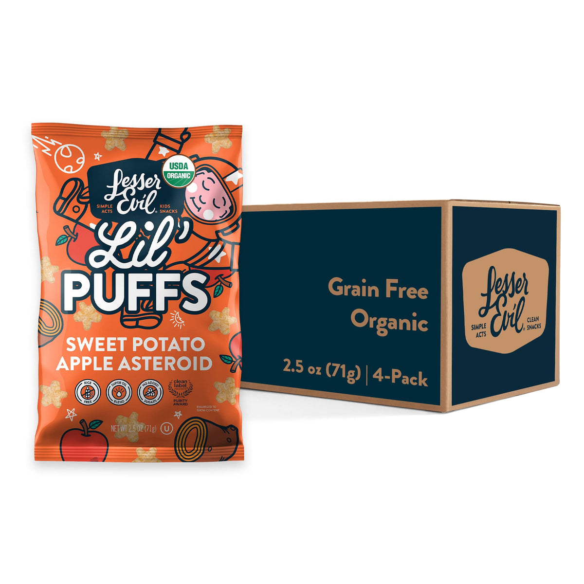 Lesserevil Sweet Potato Lil’ Puffs bag front view, a tasty grain-free toddler snack.