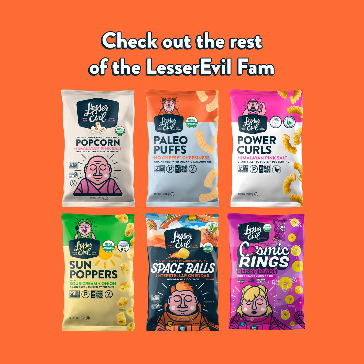 Lesserevil Lil’ Puffs family snack setup image, perfect for lunchboxes and on-the-go.