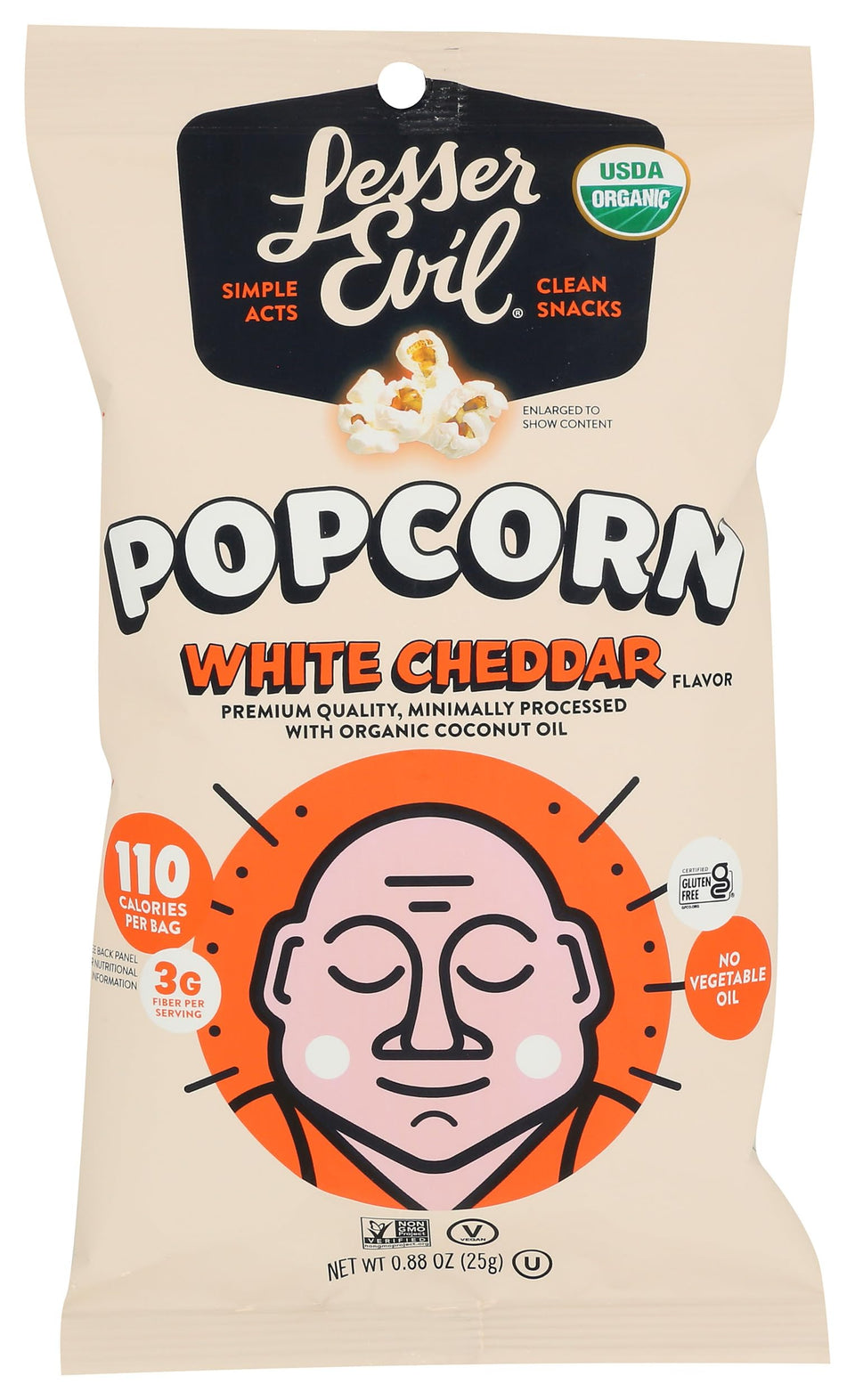 Lesser Evil White Cheddar Popcorn pack-18, gluten-free snack with cheddar flavor for on-the-go crunch.