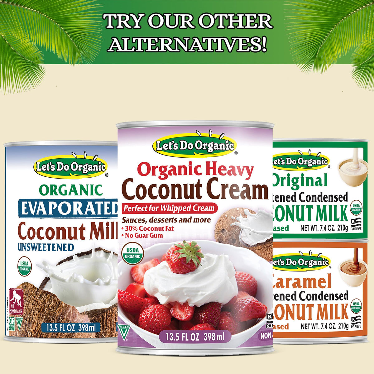 Let’s Do Organic coconut fruit image evokes organic sourcing and natural sweetness.