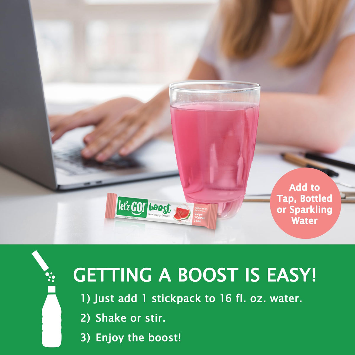 Let'z Go Clean Energy Drink Mix 16oz bottle with ice promotes easy daily refreshment.