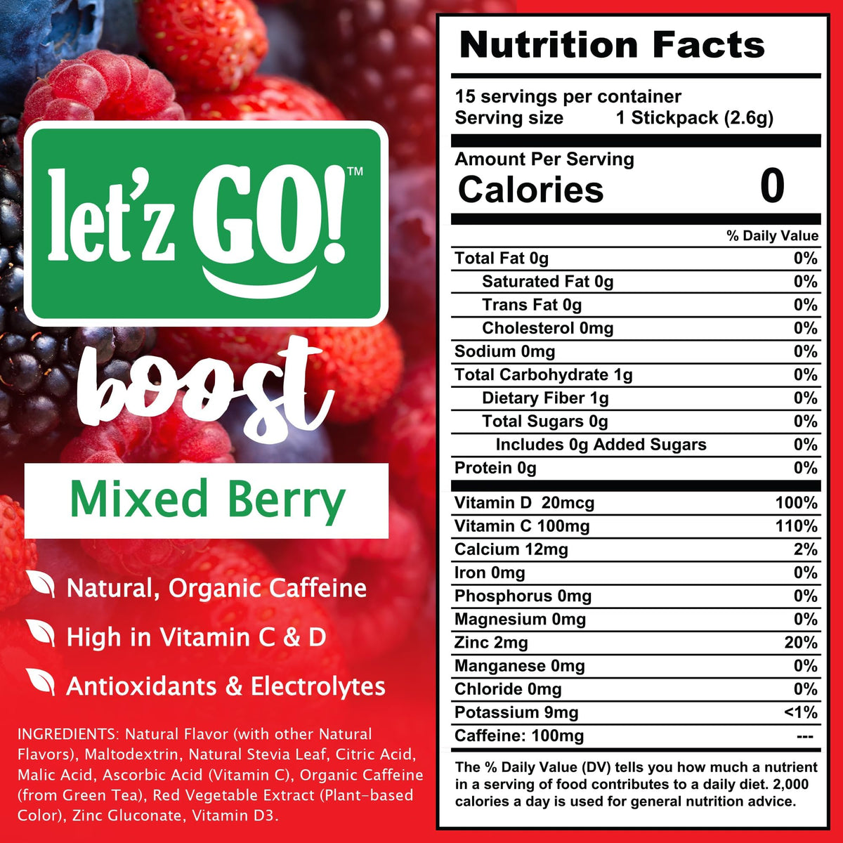 Let'z Go Clean Energy Drink Mix Orange Citrus packet offers a sugar-free caffeine lift