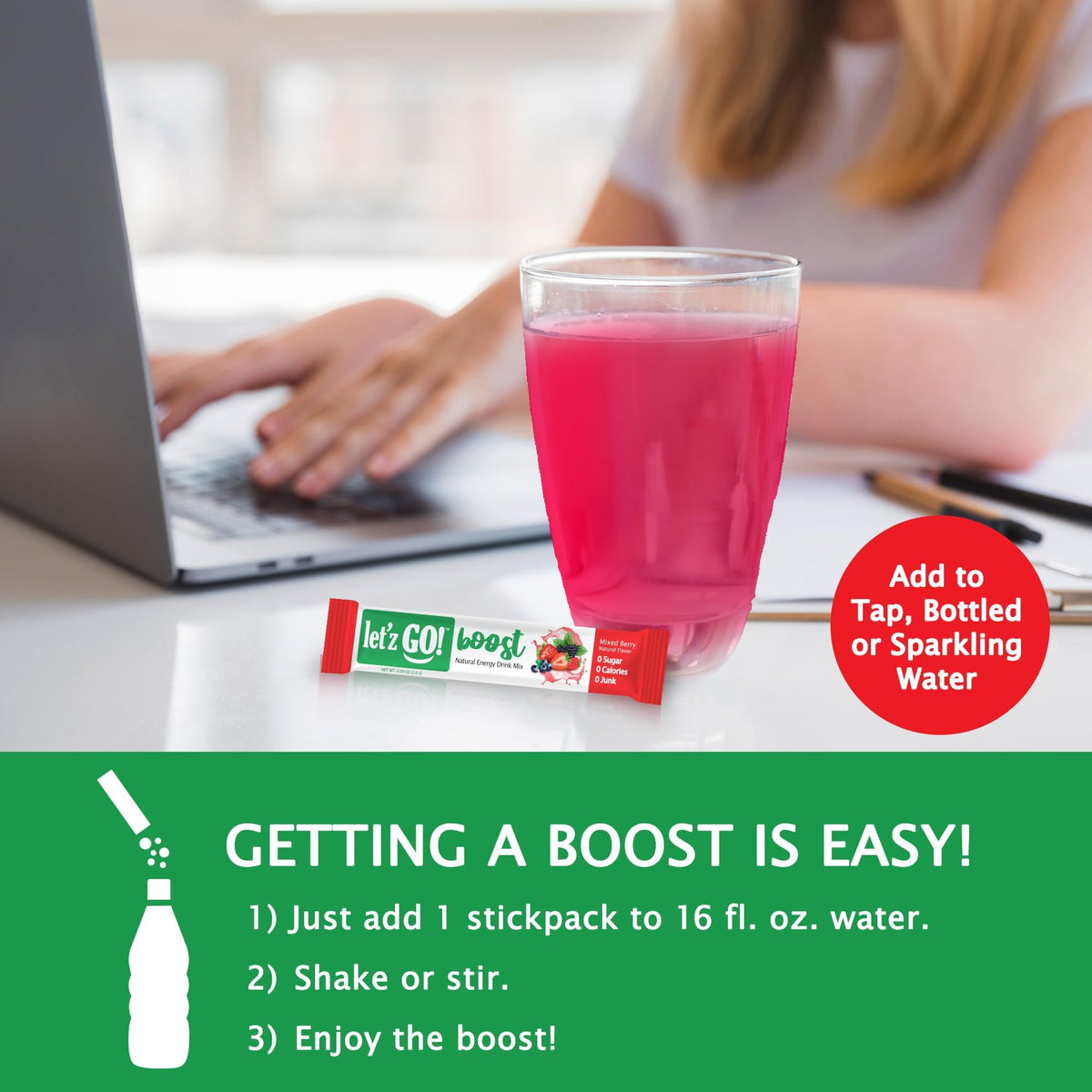 Let'z Go Clean Energy Drink Mix scoop and packet ready to mix